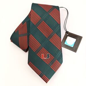 NWT Univ of Miami Woven Plaid Tie Eagles Wings Green/Orange 4"